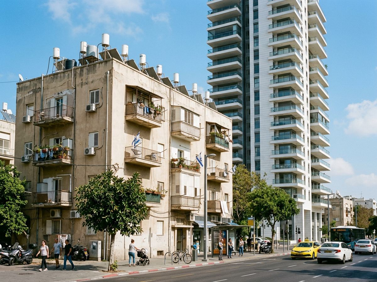 בניין מגורים ישן לצד מגדל מגורים חדש
